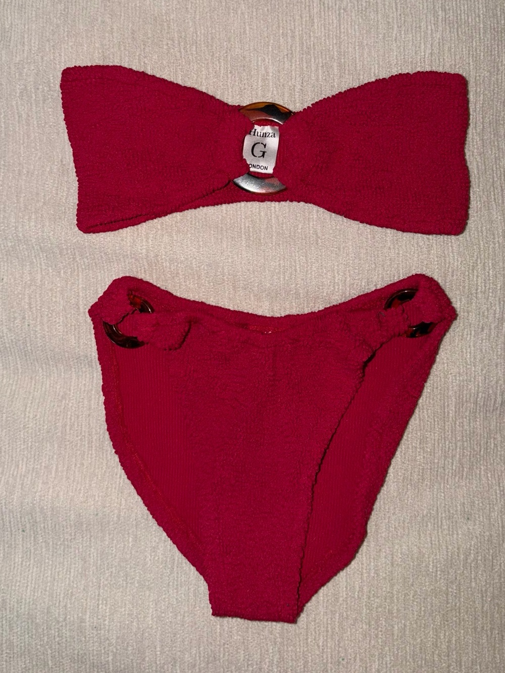 Hunza G Bikini SET Gloria Red Tortoiseshell Loop Bandeau Strapless Crinkle